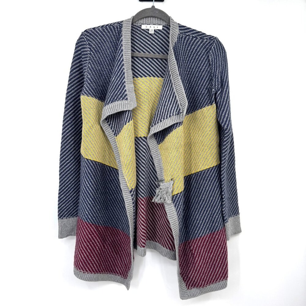 Cabi XS Open Front Striped Knit Cardigan With Colorblock Design In Navy Yellow &